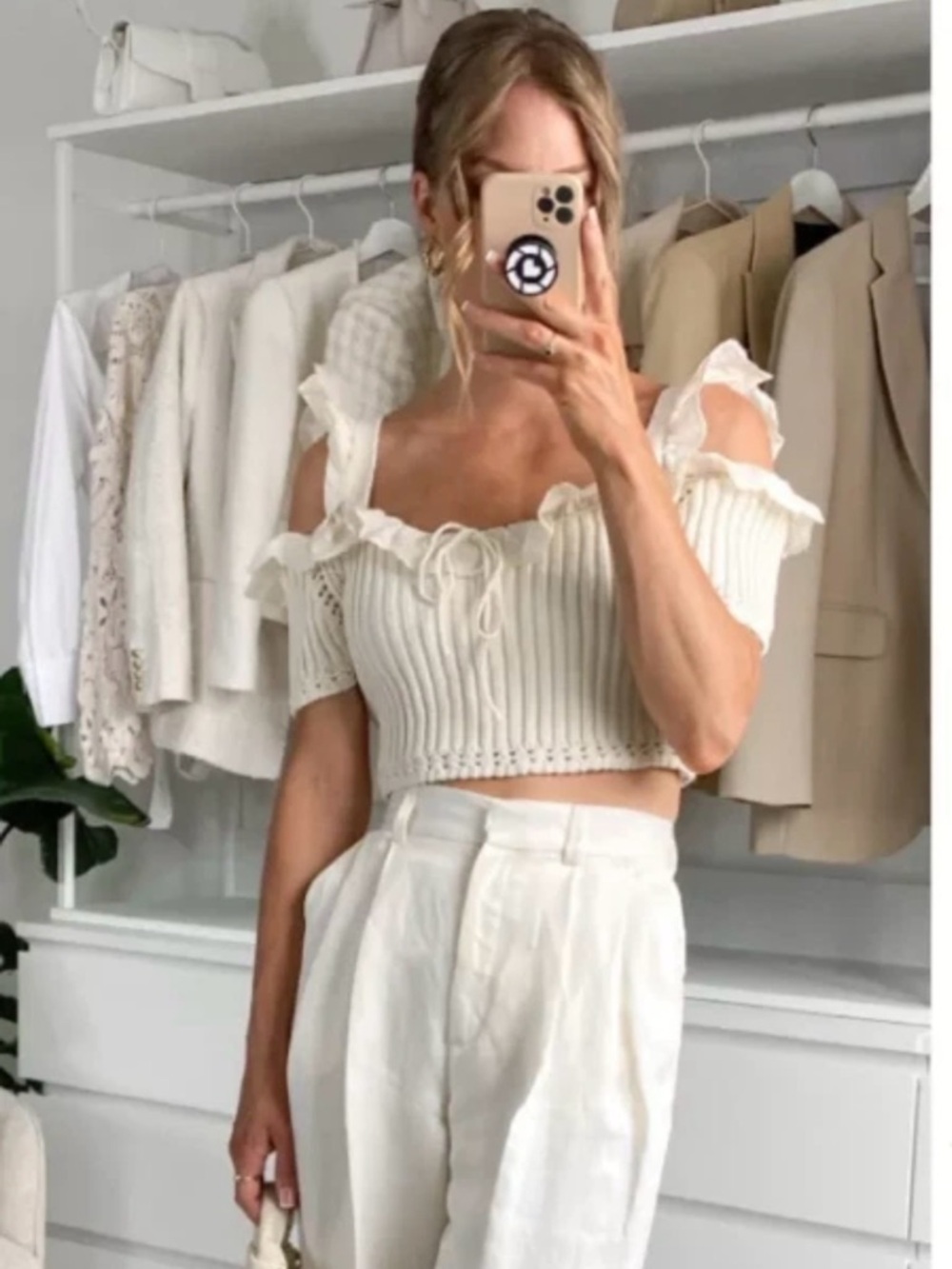 Zara Cream Ruffle Ribbed Crop Top - Picture 6 of 6